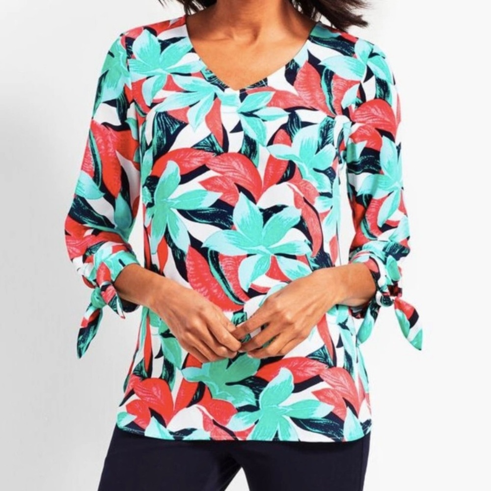 Talbots Tie Sleeve Tropical Floral V Neck Print Popover Blouse Size Small